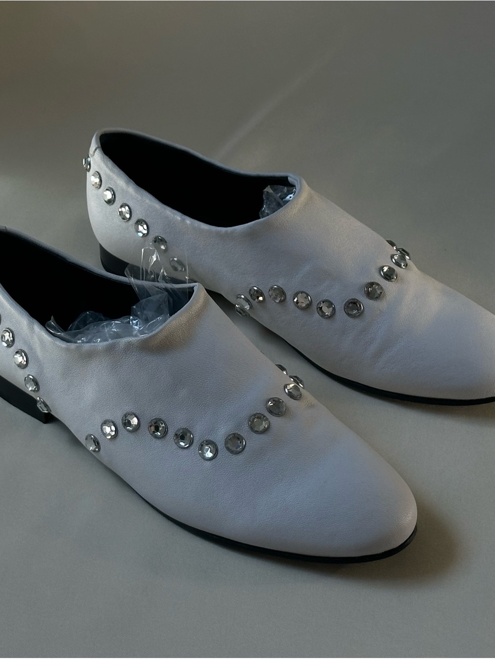 Opening Ceremony White Leather Studded Slip-On Loafers. Size 40. Small defect.